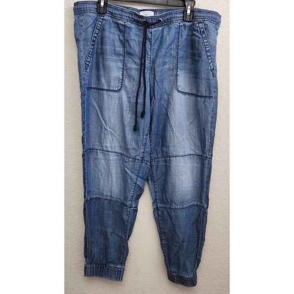 Lou & Grey Blue Chambray Drawstring Waist Ankle Pants Large Elastic Cuffed Hem - Picture 1 of 6
